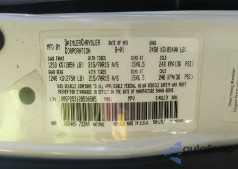 2002 Dodge Caravan Se из США, поврежденный, VIN 1B8GP25312B530585